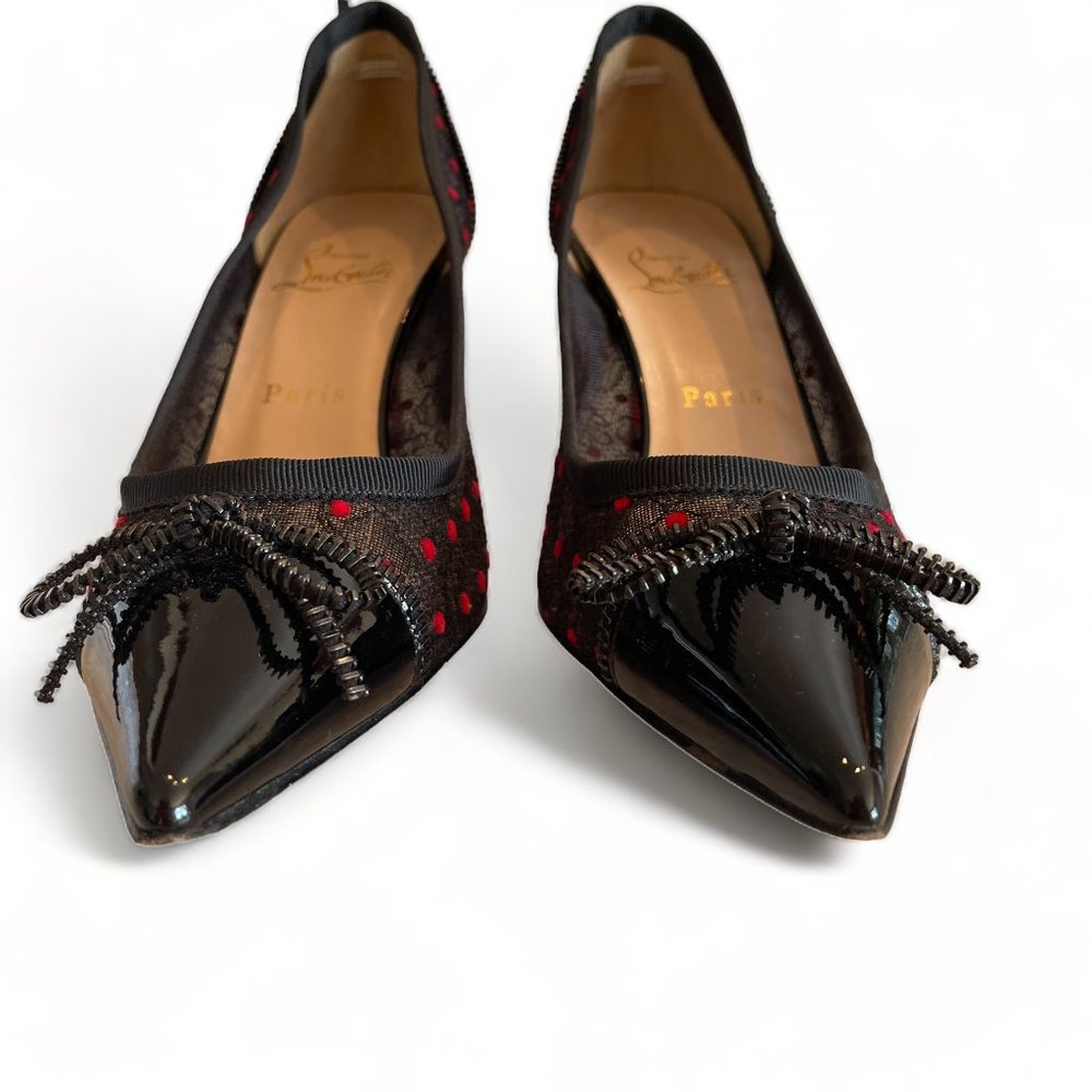 Christian Louboutin Heels Souris 70 Lace Black Pointed Kitten Heel Bow Pumps - Picture 5 of 11